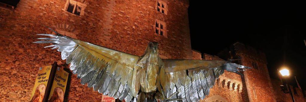 Red Kite Sculpture by Cardiff Castle - a symbol of the work undertaken to rescue a threatened species, a notable success in the revive our world campaign.