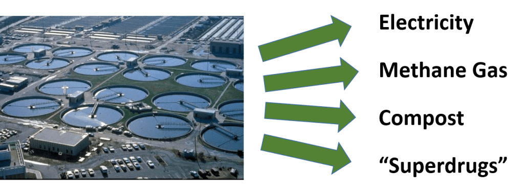 Output from sewage farms can be converted to electricity, gas. compost and superdrugs.