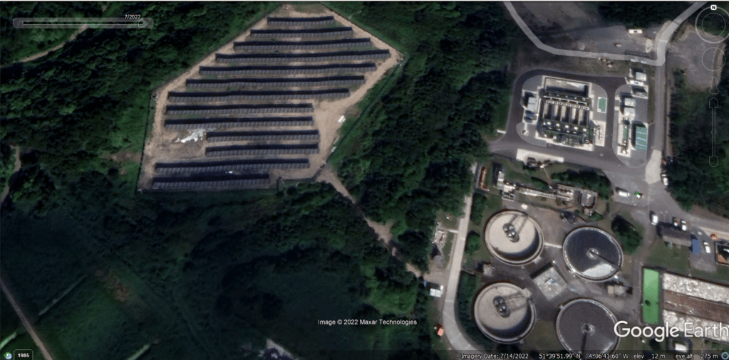 Google Earth image of completed solar panel array at Llanelli WWTW